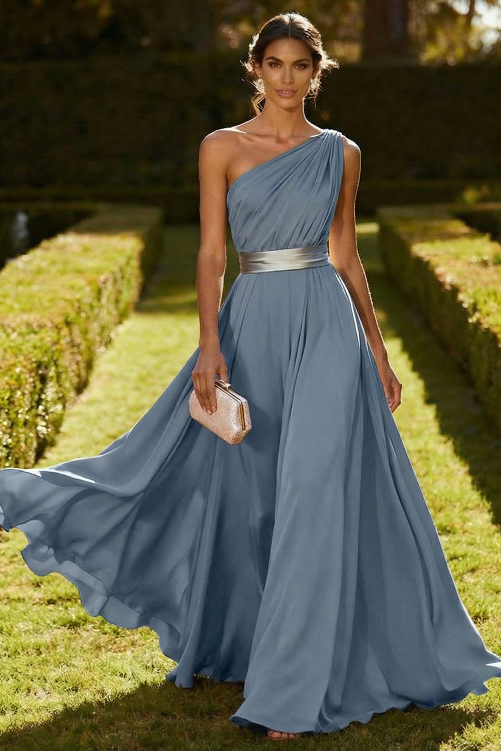 Olive Chiffon One Shoulder Long Ruched Wedding Guest Dress