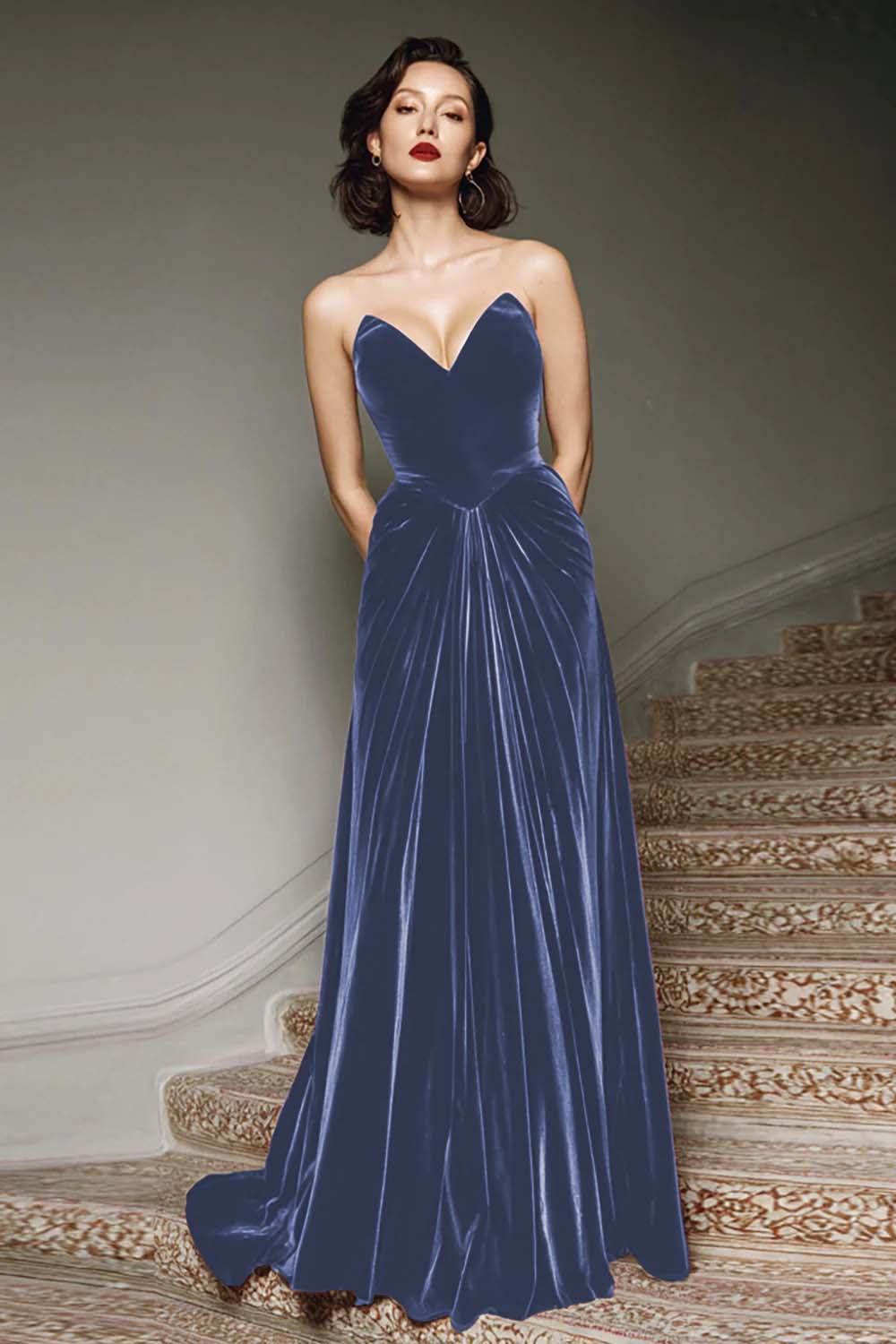 Burgundy Velvet A Line Sweetheart Pleated Long Formal Dress