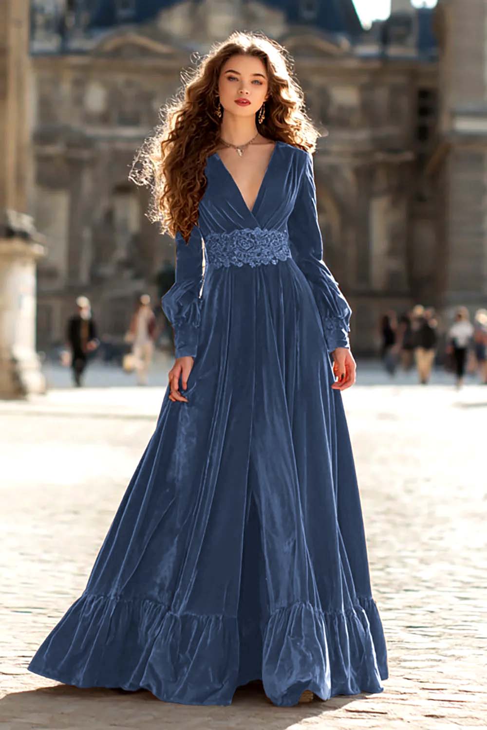 Brown Velvet A Line Long Sleeves Holiday Party Dress with Ruffles