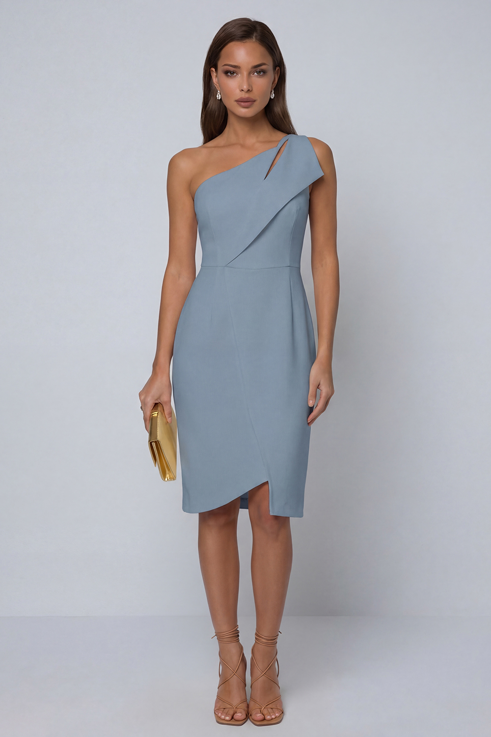 Black Pencil One Shoulder Satin Midi Work Dress