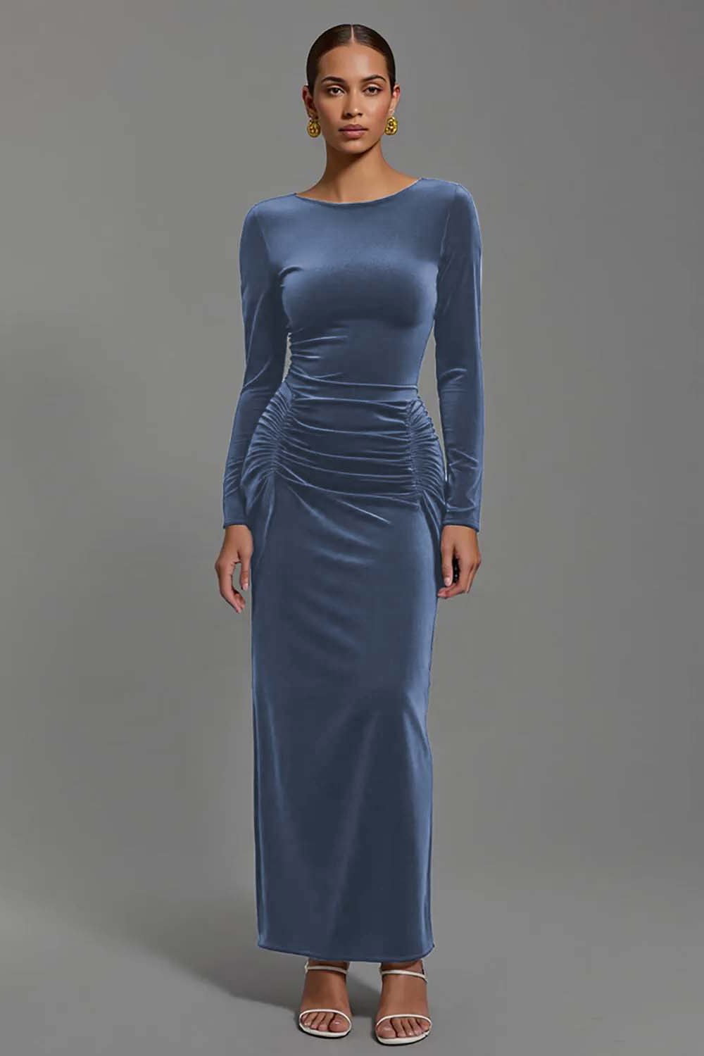 Navy Velvet Sheath Boat Neck Long Holiday Party Dress with Sleeves