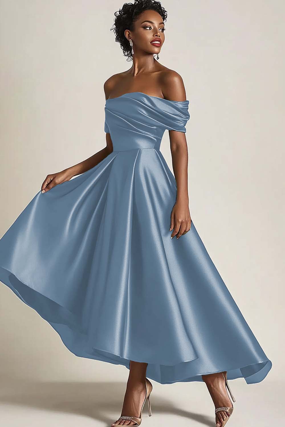 Dresstells Women Wedding Guest Dress Elegant Dusty Blue Satin Mother of the Bride Dress Off the Shoulder Asymmetrical A Line Mother of the Groom Dress