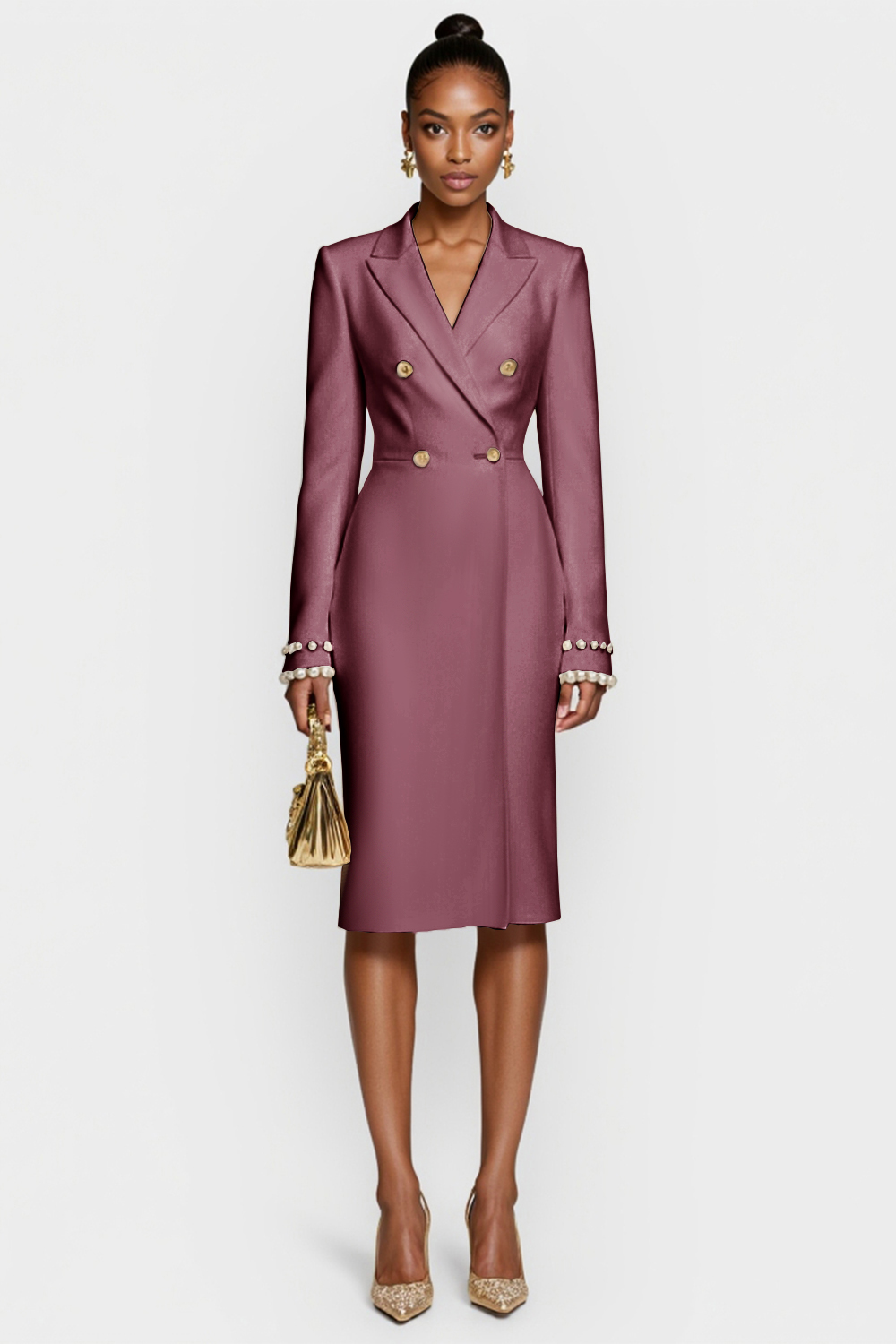 White Satin Peak Lapel Bodycon Midi Work Blazer Dress with Long Sleeves