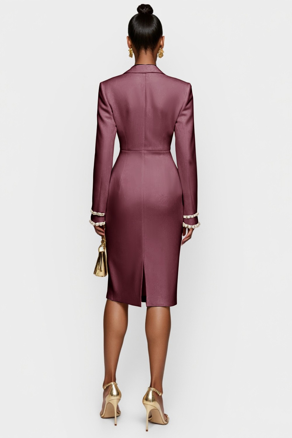 White Satin Peak Lapel Bodycon Midi Work Blazer Dress with Long Sleeves