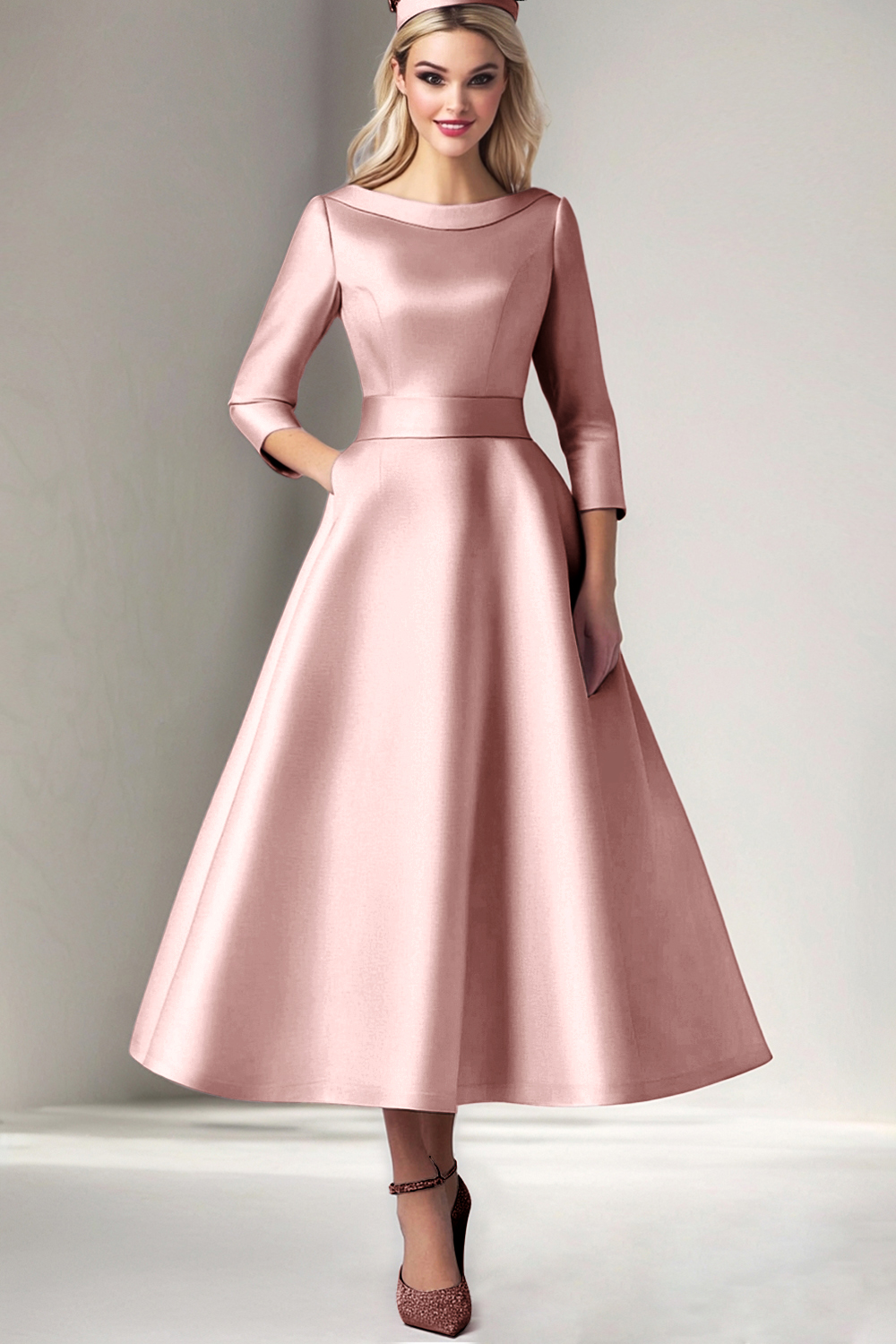 Pink Satin A Line Scoop Neck Long Mother of the Bride Dress with Sleeves