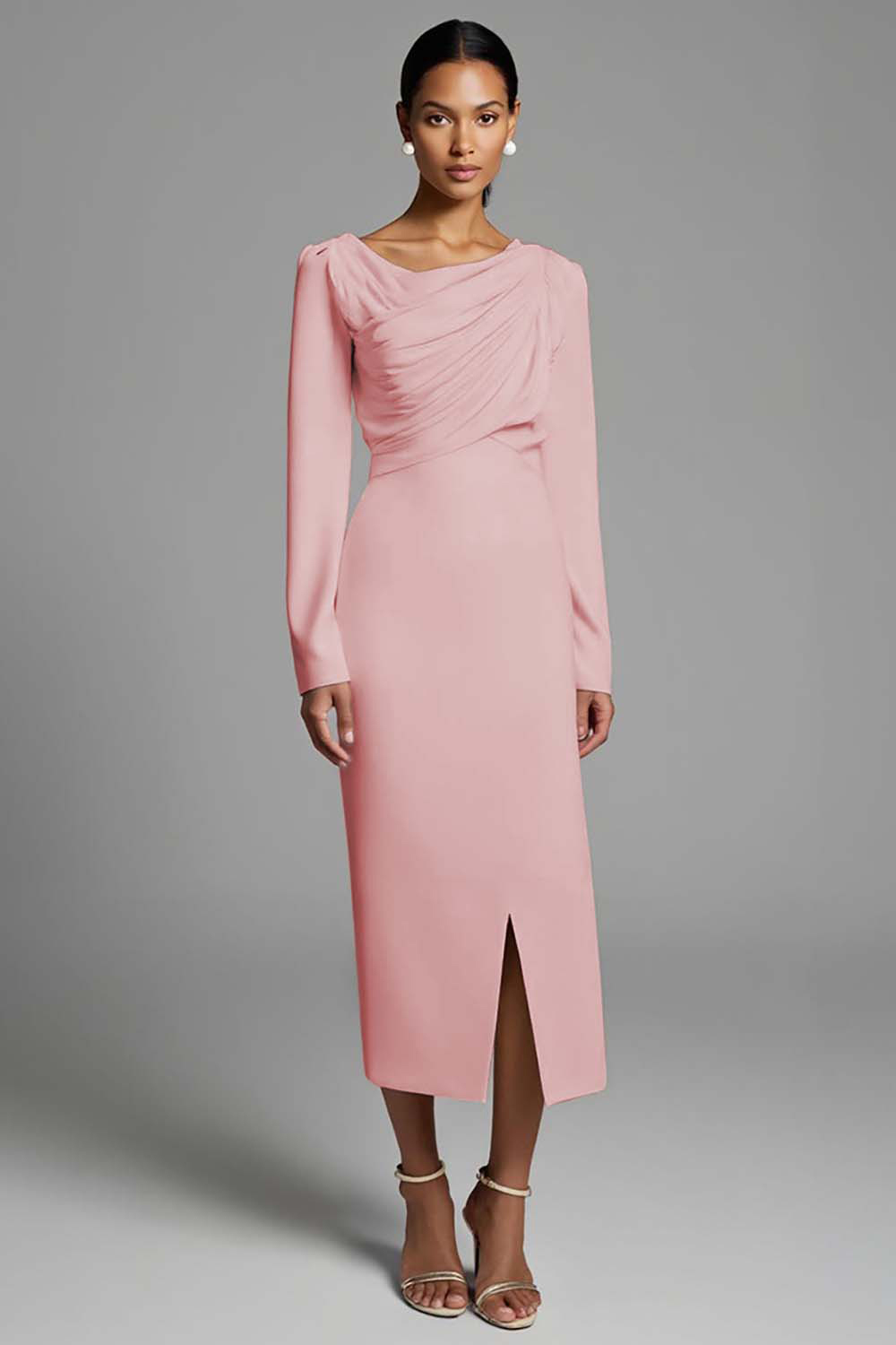 Ivory Ruched Sheath Long Sleeves Work Dress with Slit