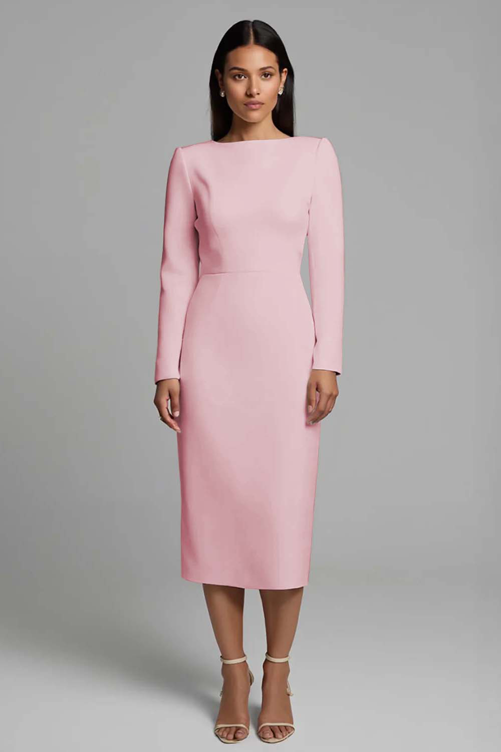 Simple Ivory Pencil Bateau Neck Long Sleeves Midi Work Dress with Slit