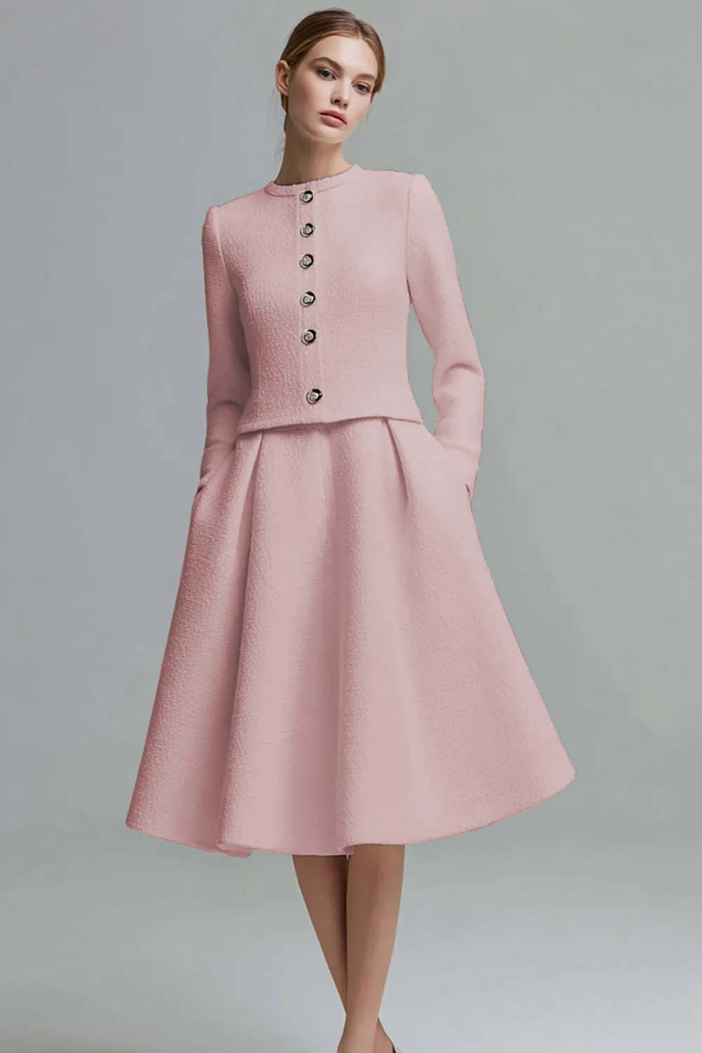 2 Piece Ivory Tweed Midi Homecoming Outfits with Buttons