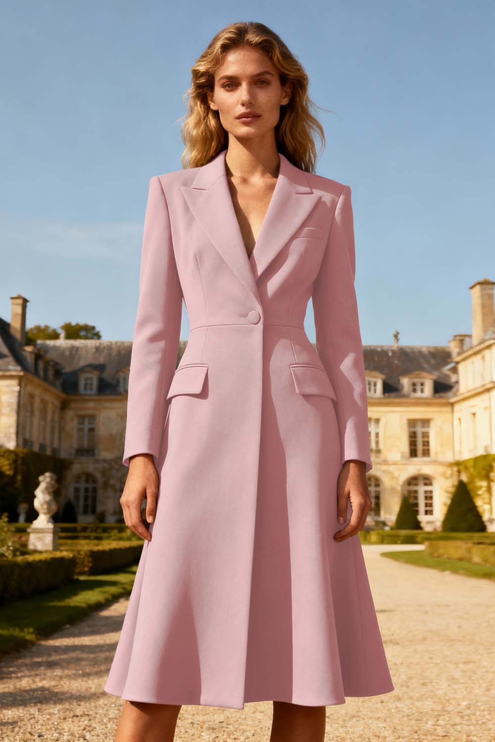 Khaki Peak Lapel A Line Midi Blazer Dress with Sleeves