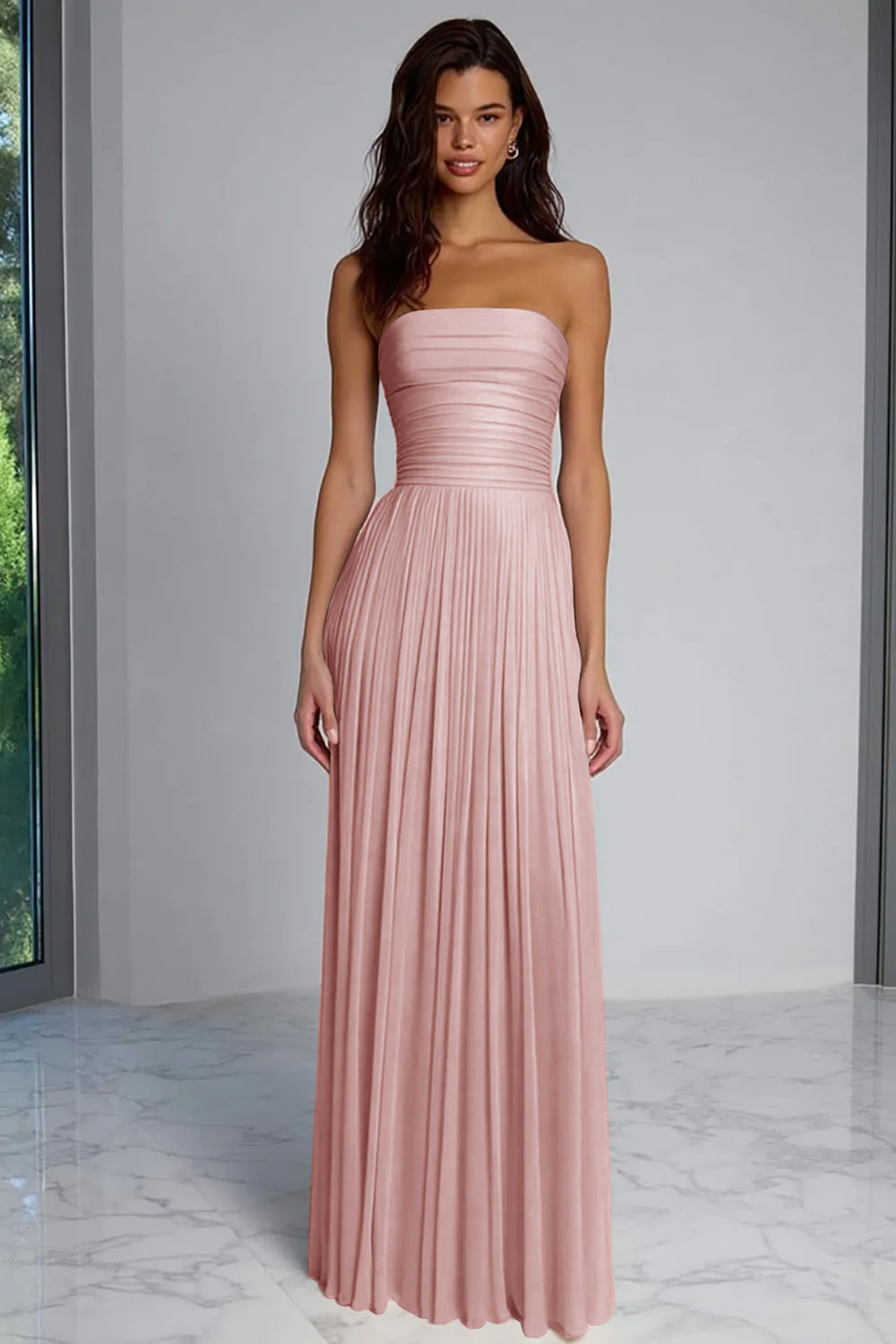 Champagne Sheath Strapless Pleated Long Wedding Guest Dress
