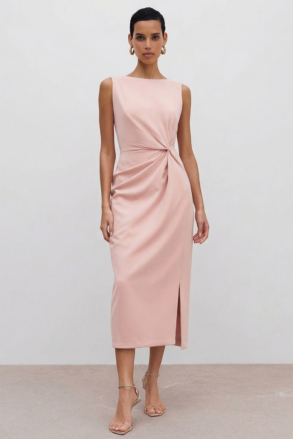 Orange Ruched Bateau Neck Midi Pencil Work Dress with Slit