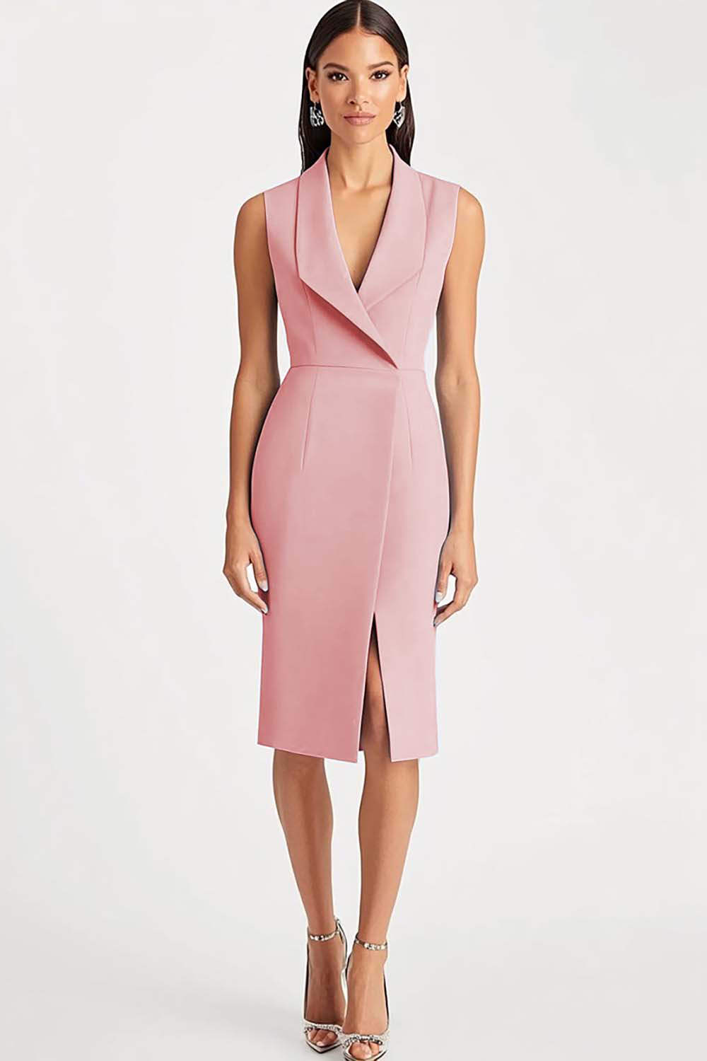 Sky Blue Shawl Lapel Satin Bodycon Midi Work Blazer Dress