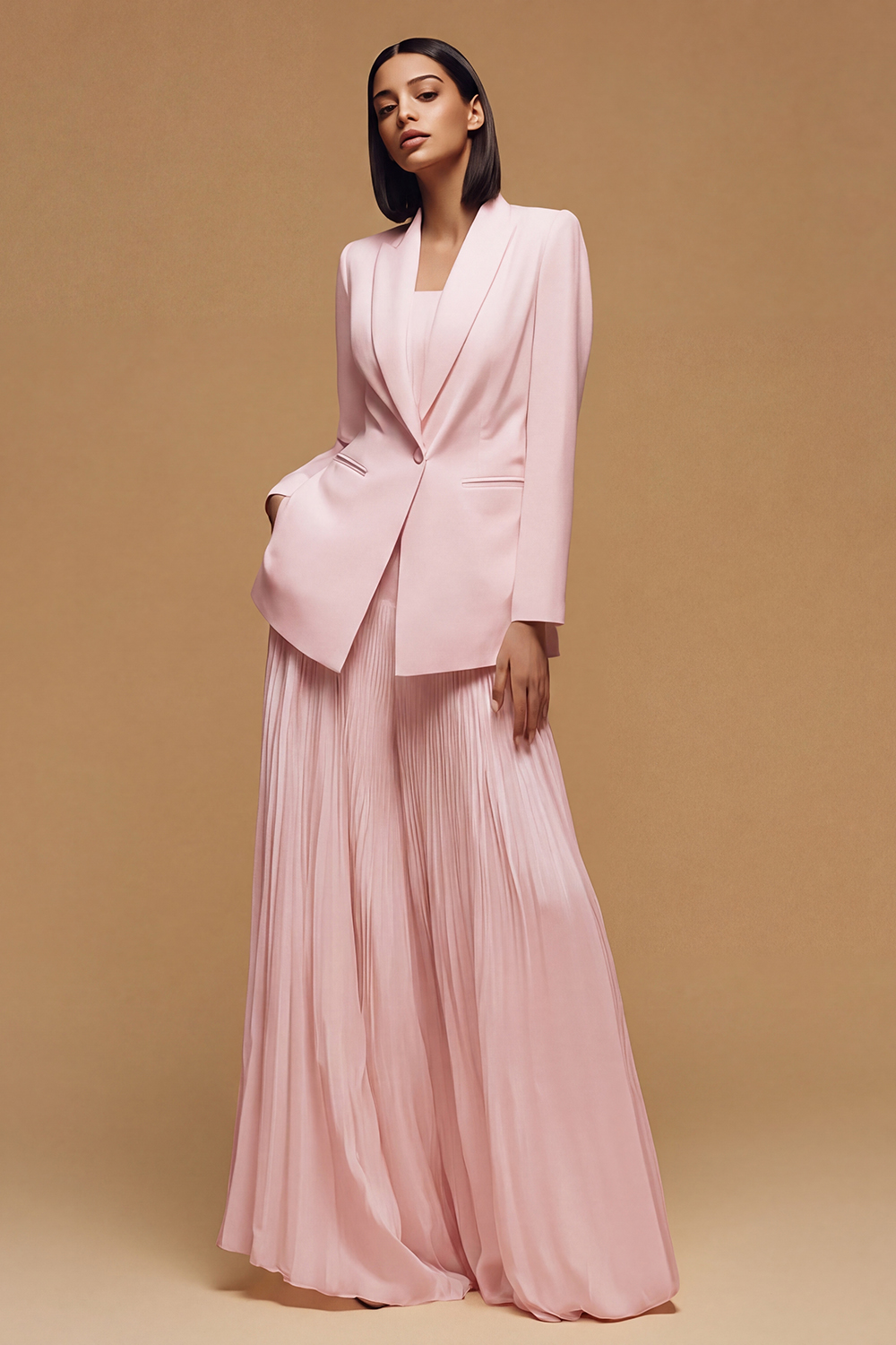 Ivory Pleated Peak Lapel Long Business Jacket