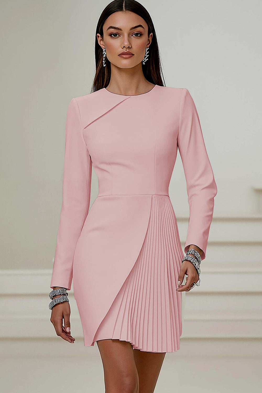 Ivory Pencil Round Neck Pleated Short Work Dress with Sleeves