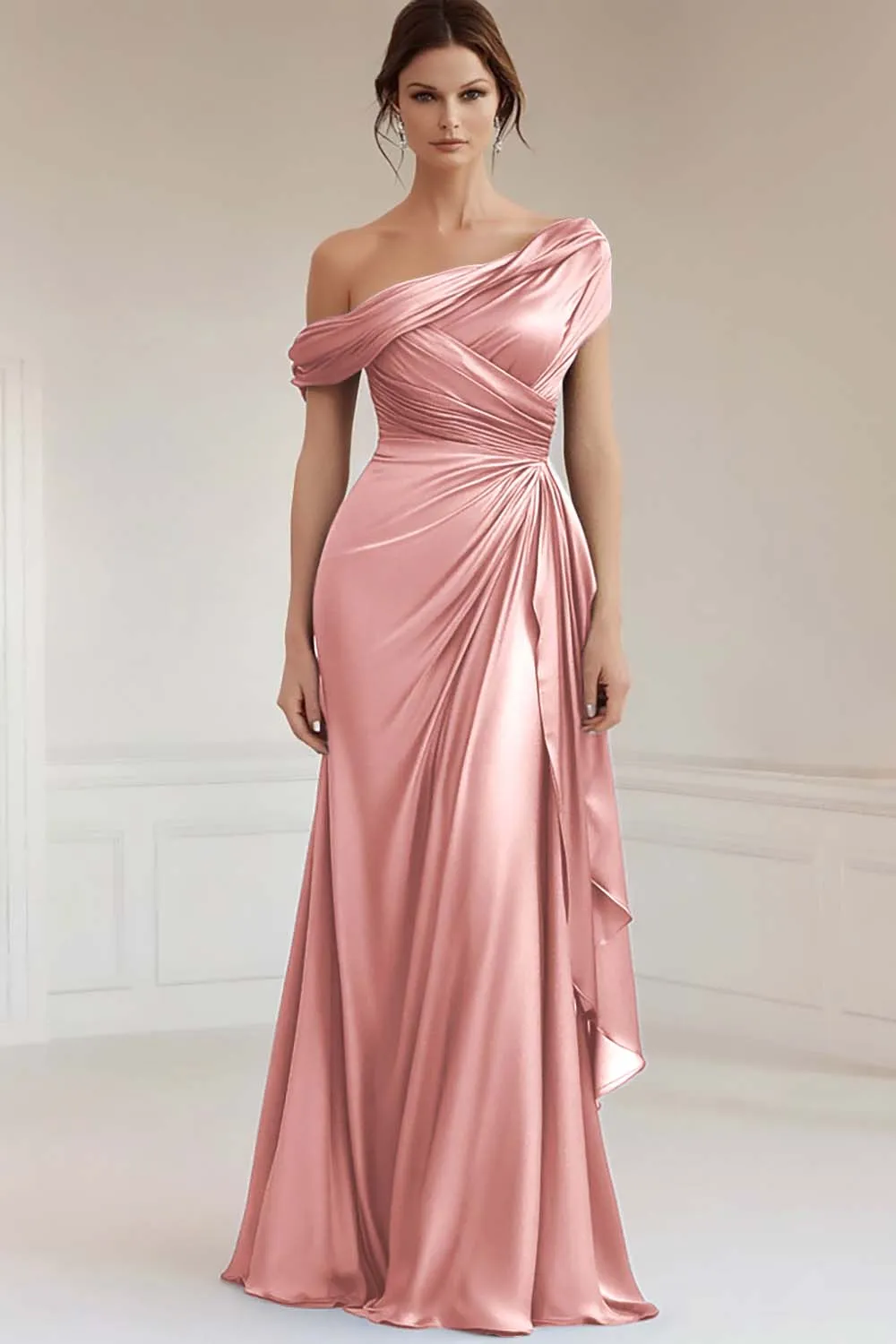 Grey Blue Satin Sheath Asymmetrical Ruched Long Mother of the Bride Dress