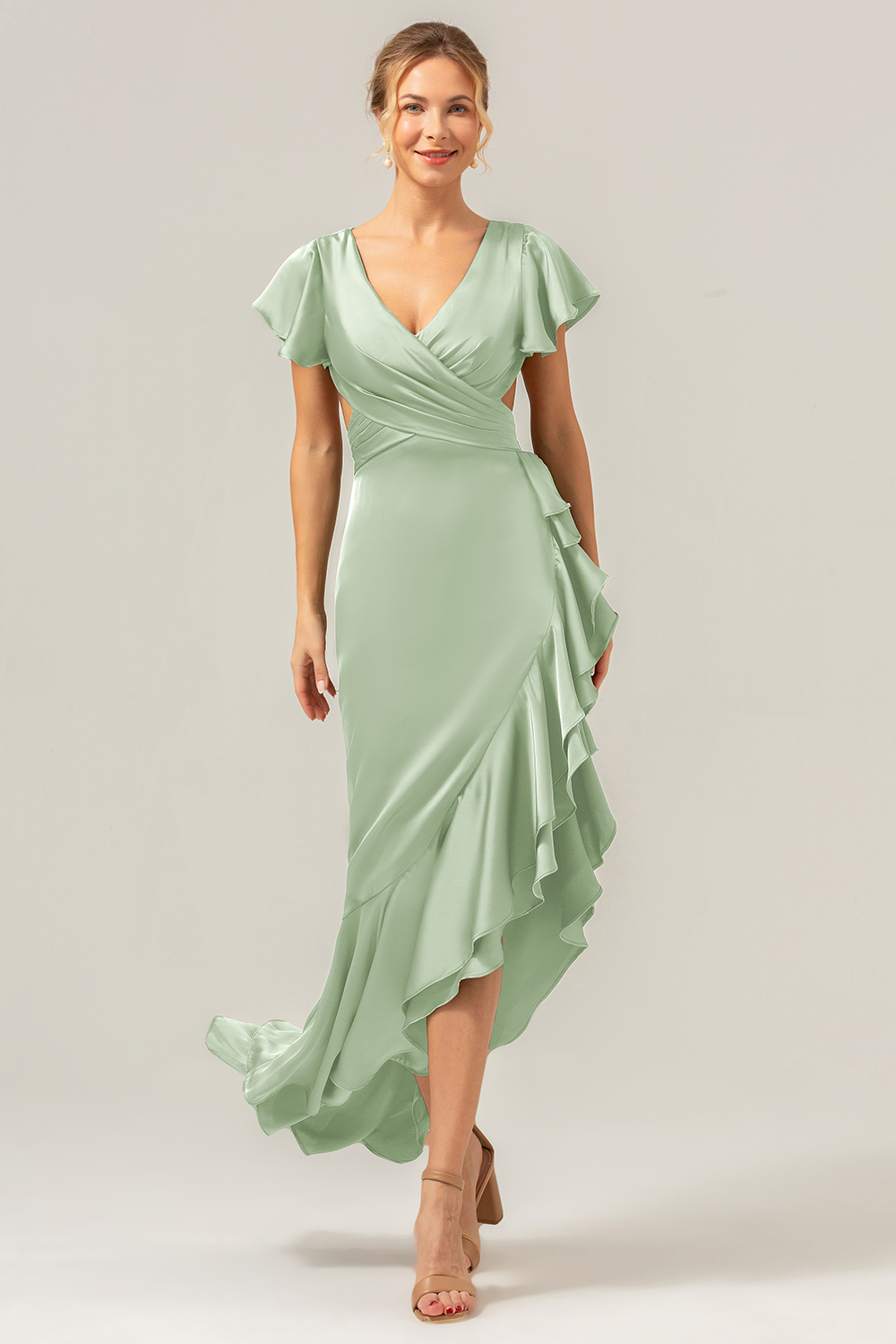 Elegant Asymmetrical Midi Formal Dress with Bow Back