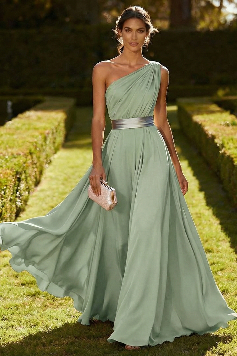 Olive Chiffon One Shoulder Long Ruched Wedding Guest Dress