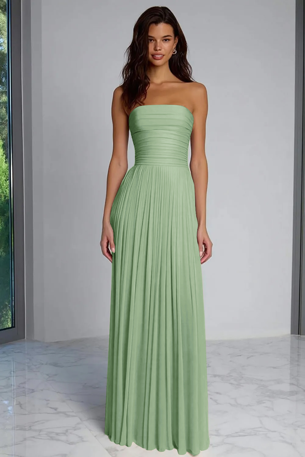 Champagne Sheath Strapless Pleated Long Wedding Guest Dress