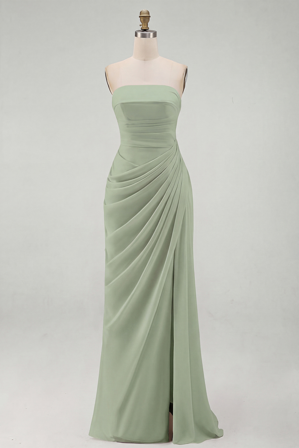 Light Pink Ruched Sheath Long Weding Guest Dress with Slit