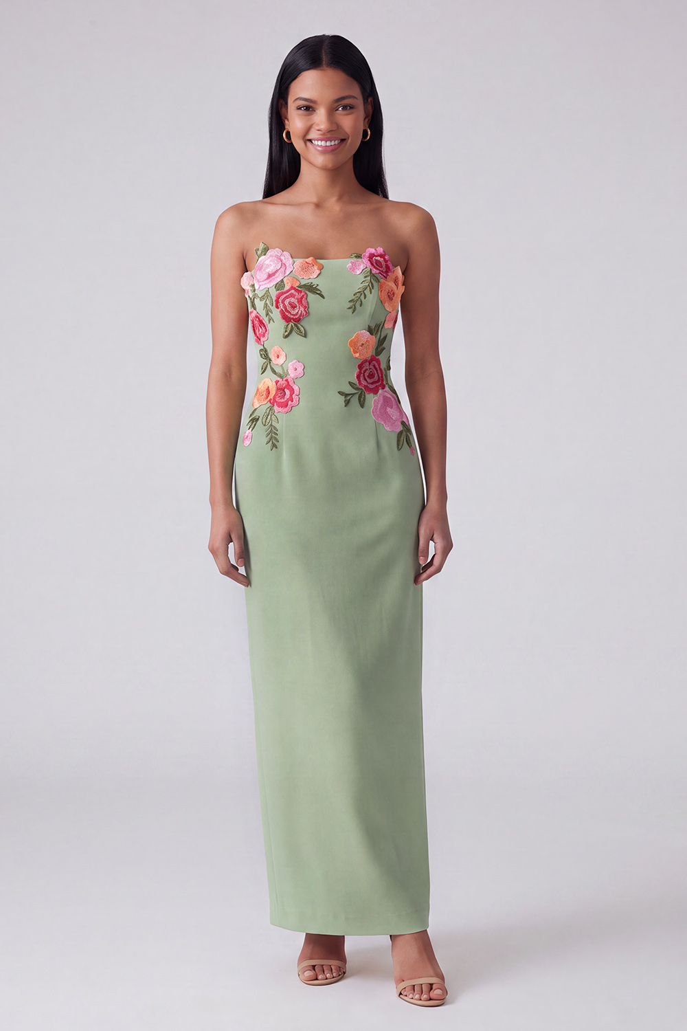 Black Strapless Floral Sheath Maxi Wedding Guest Dress
