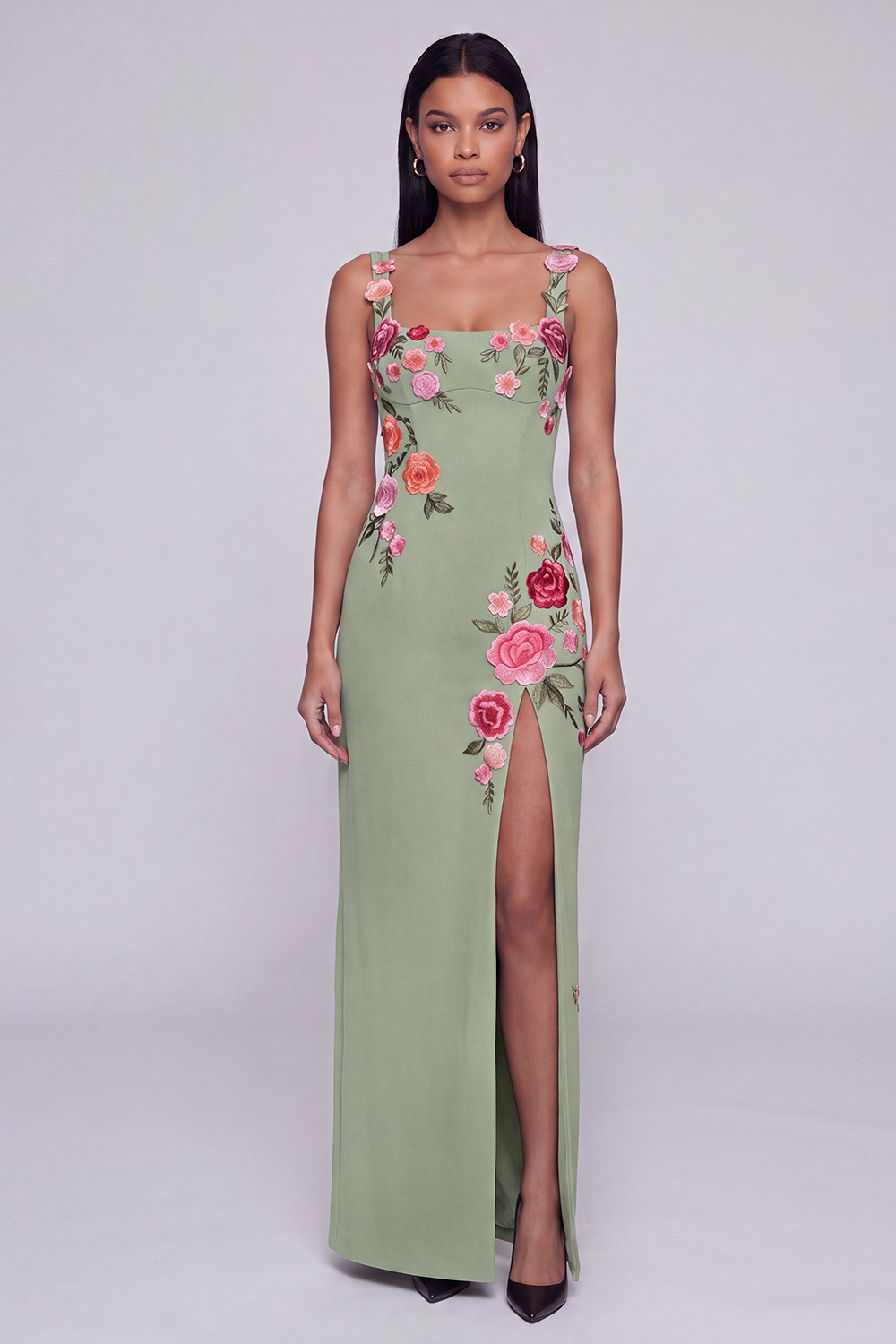 Sheath Black Square Neck Floral Maxi Beach Wedding Guest Dress with Slit