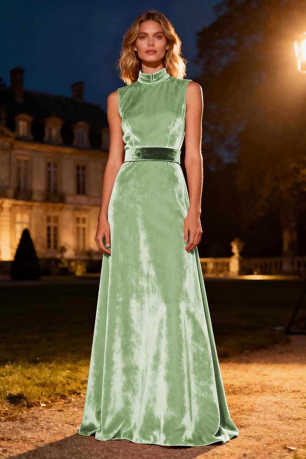 Pink Velvet High Neck Long Holiday Party Dress with Belt