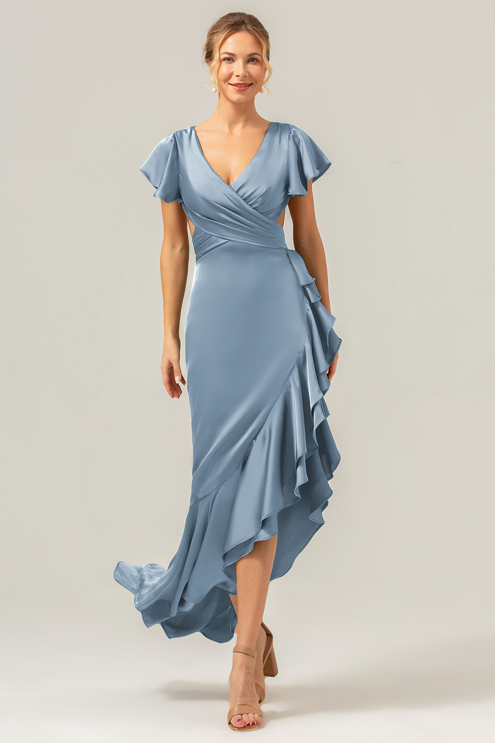 Elegant Asymmetrical Midi Formal Dress with Bow Back