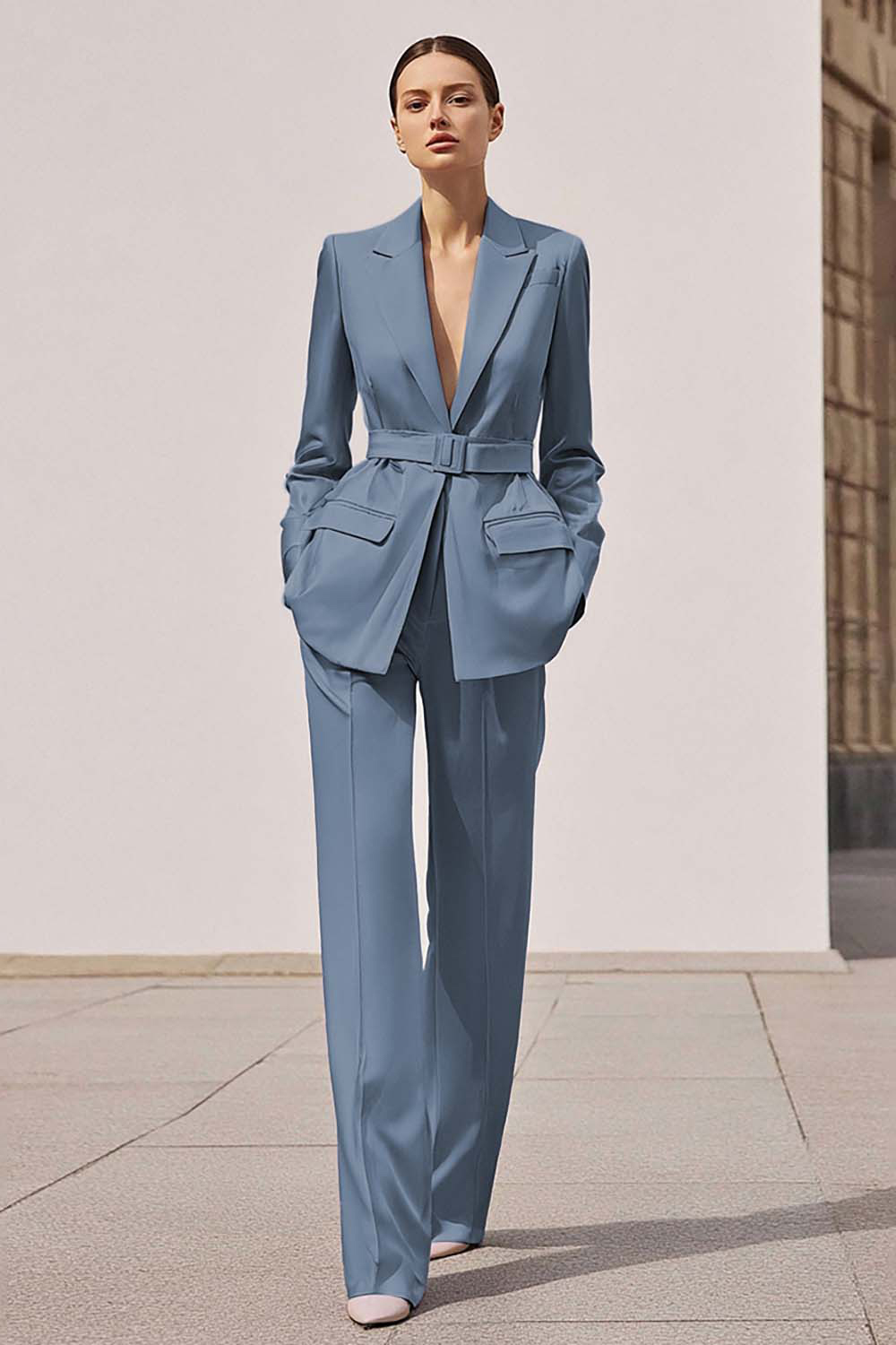 2 Piece Lilac Satin Notched Lapel Long Sleeves Business Suits with Belt