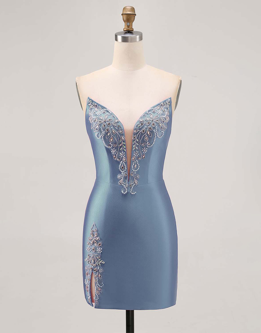 Sparkly Fuchsia Tight Strapless Short Satin Homecoming Dress with Rhinestones