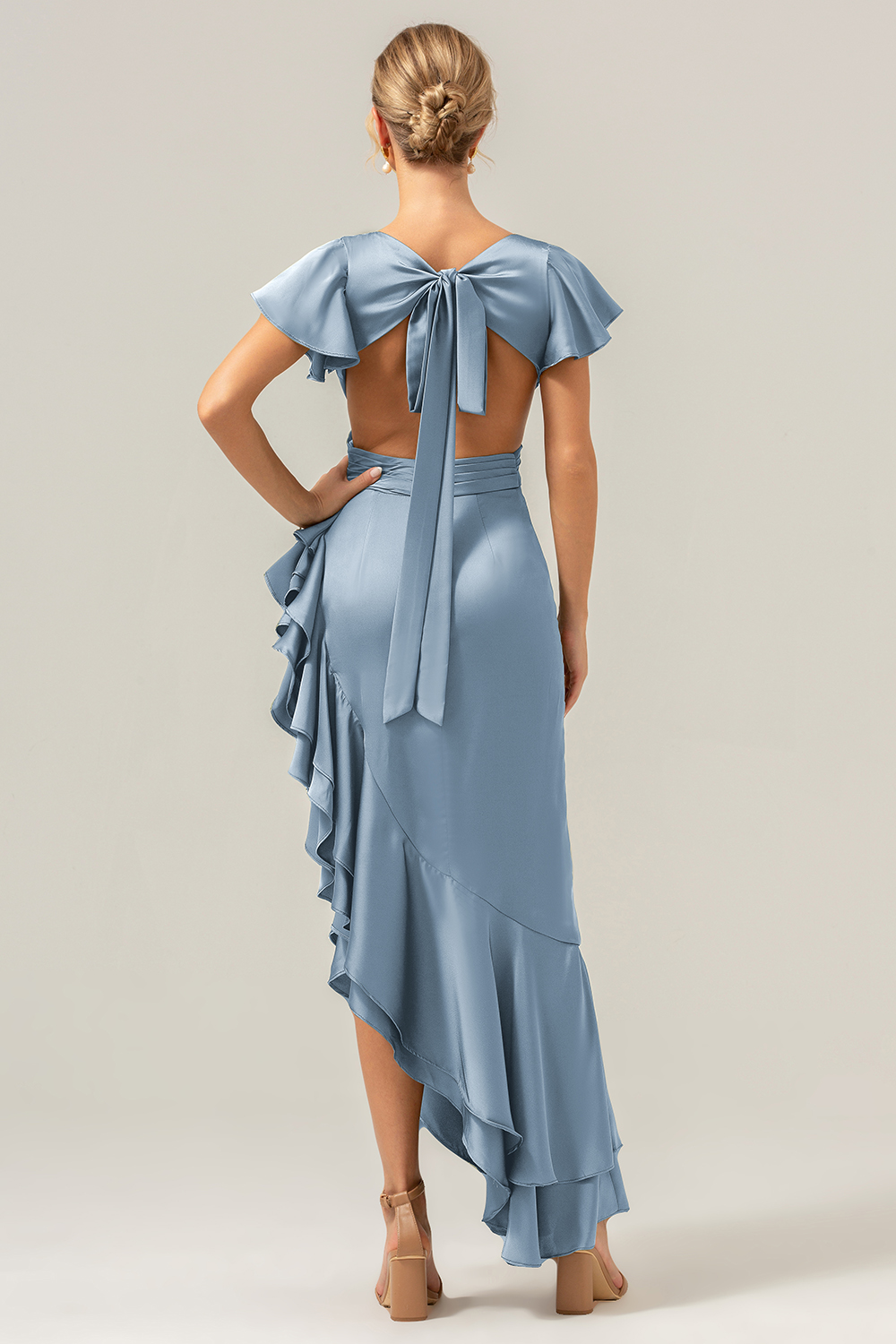 Elegant Asymmetrical Midi Formal Dress with Bow Back