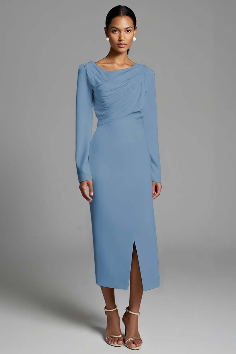 Ivory Ruched Sheath Long Sleeves Work Dress with Slit