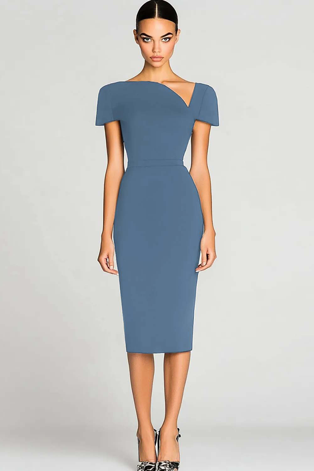 Black Bodycon Asymmetrical Neck Midi Work Dress with Sleeves