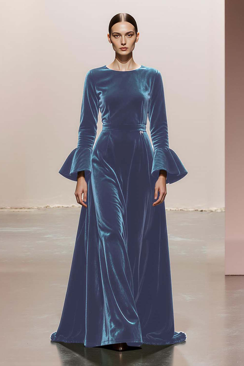 Dark Green A-Line Round Neck Long Velvet Evening Dress with Sleeves