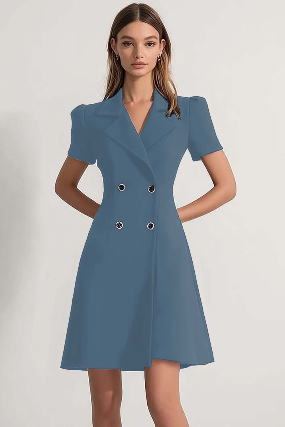 Navy Notched Lapel A Line Double Breasted Short Work Blazer Dress