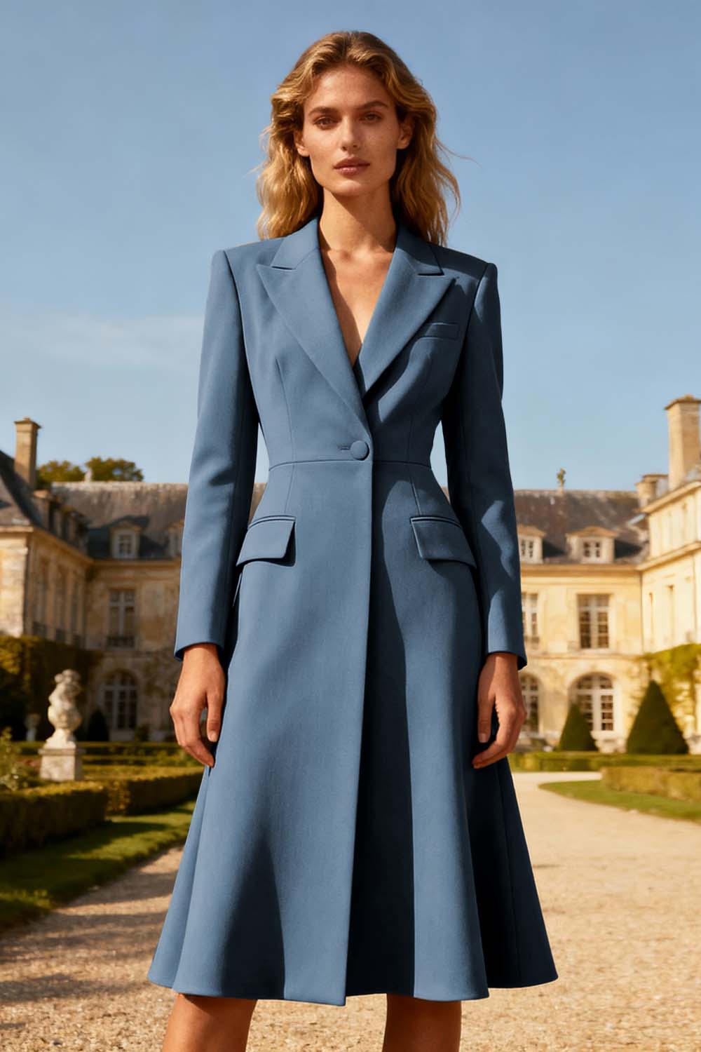 Khaki Peak Lapel A Line Midi Blazer Dress with Sleeves