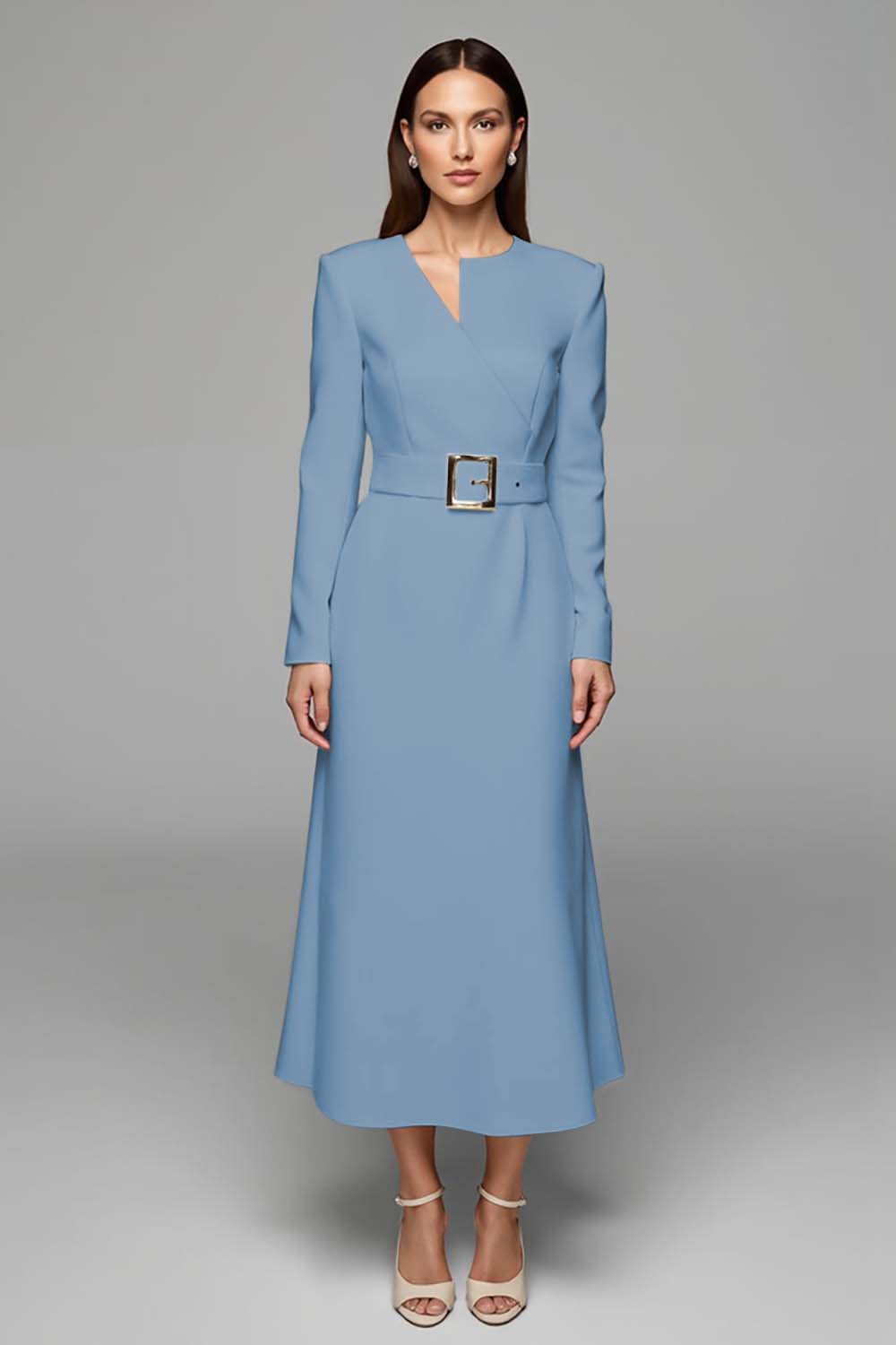 Ivory Asymmetrical Neck Long Sleeves Work Dress with Belt