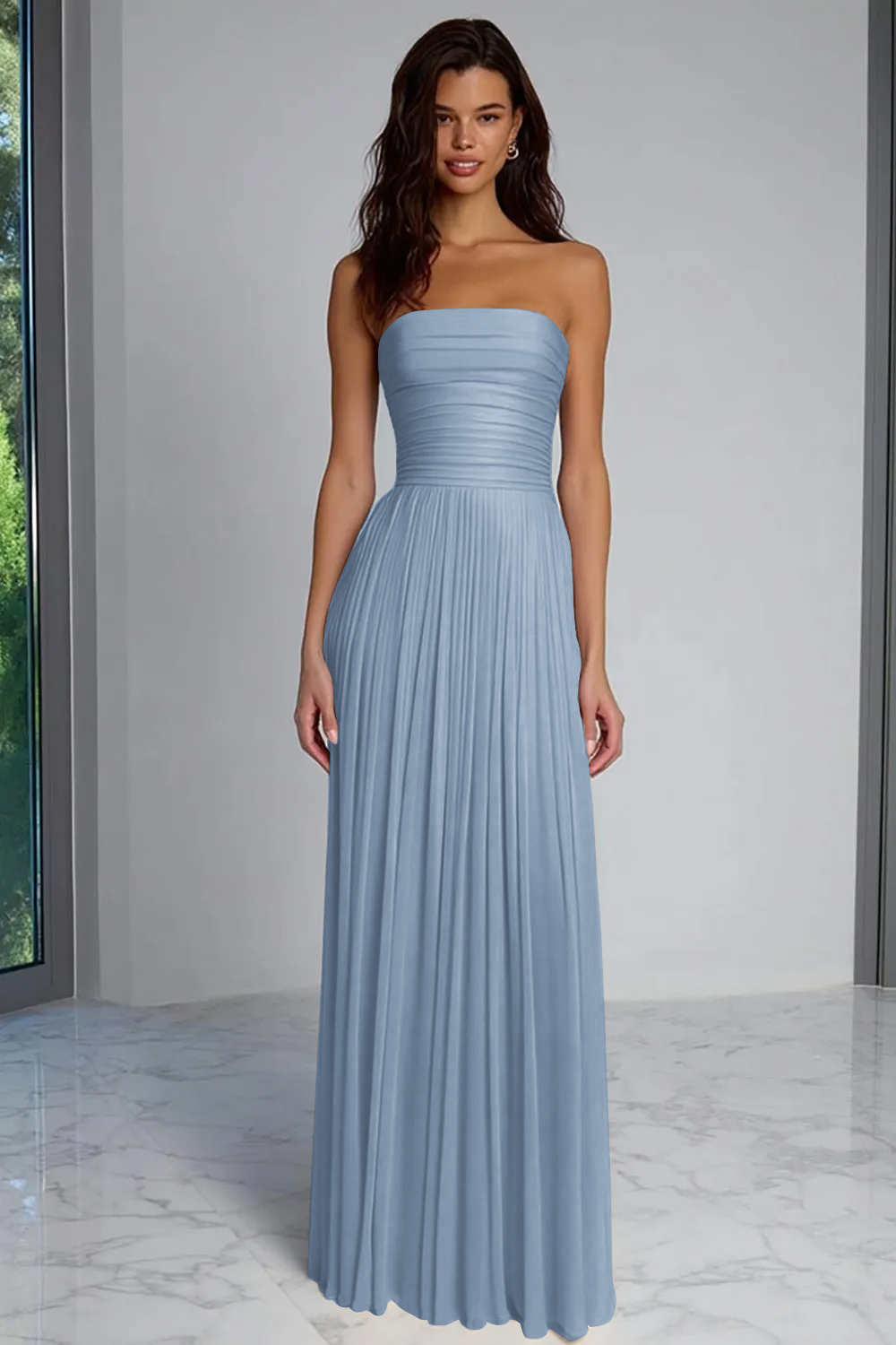 Champagne Sheath Strapless Pleated Long Wedding Guest Dress