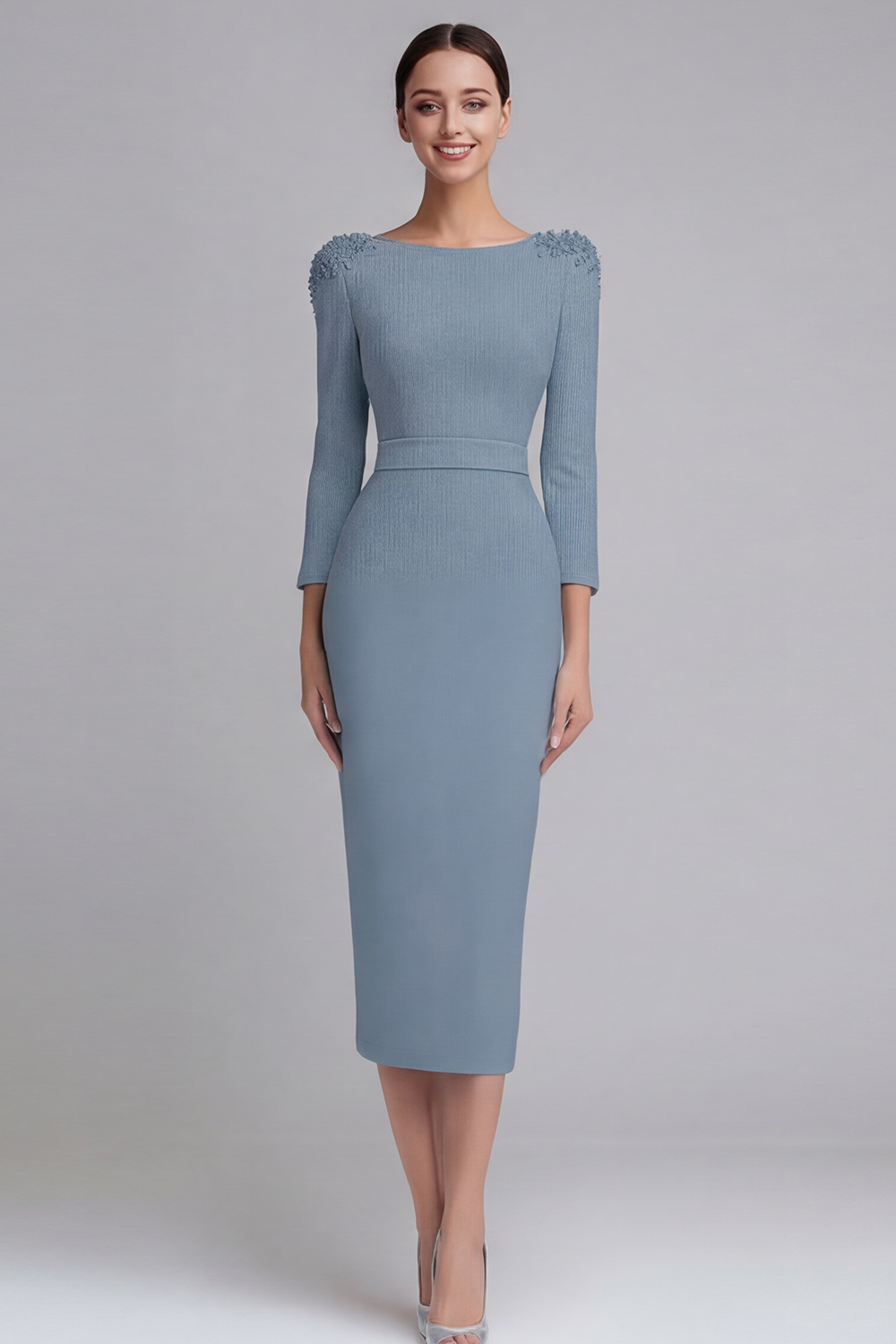 Simple Light Blue Boat Neck Pencil Appliqued Midi Work Dress with Sleeves