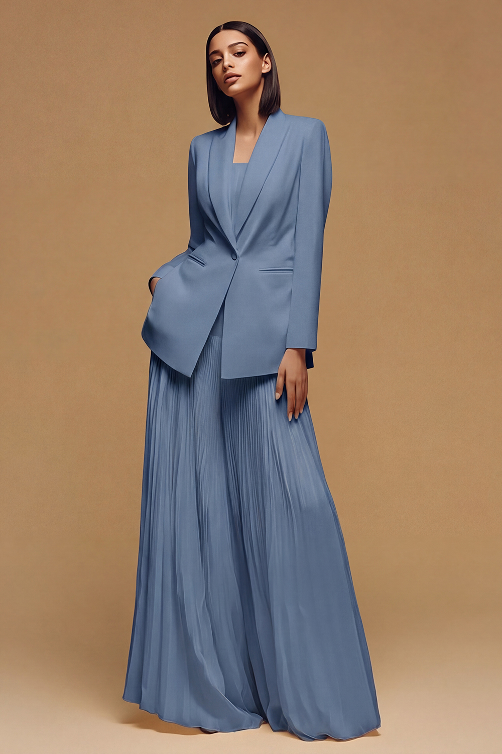 Ivory Pleated Peak Lapel Long Business Jacket