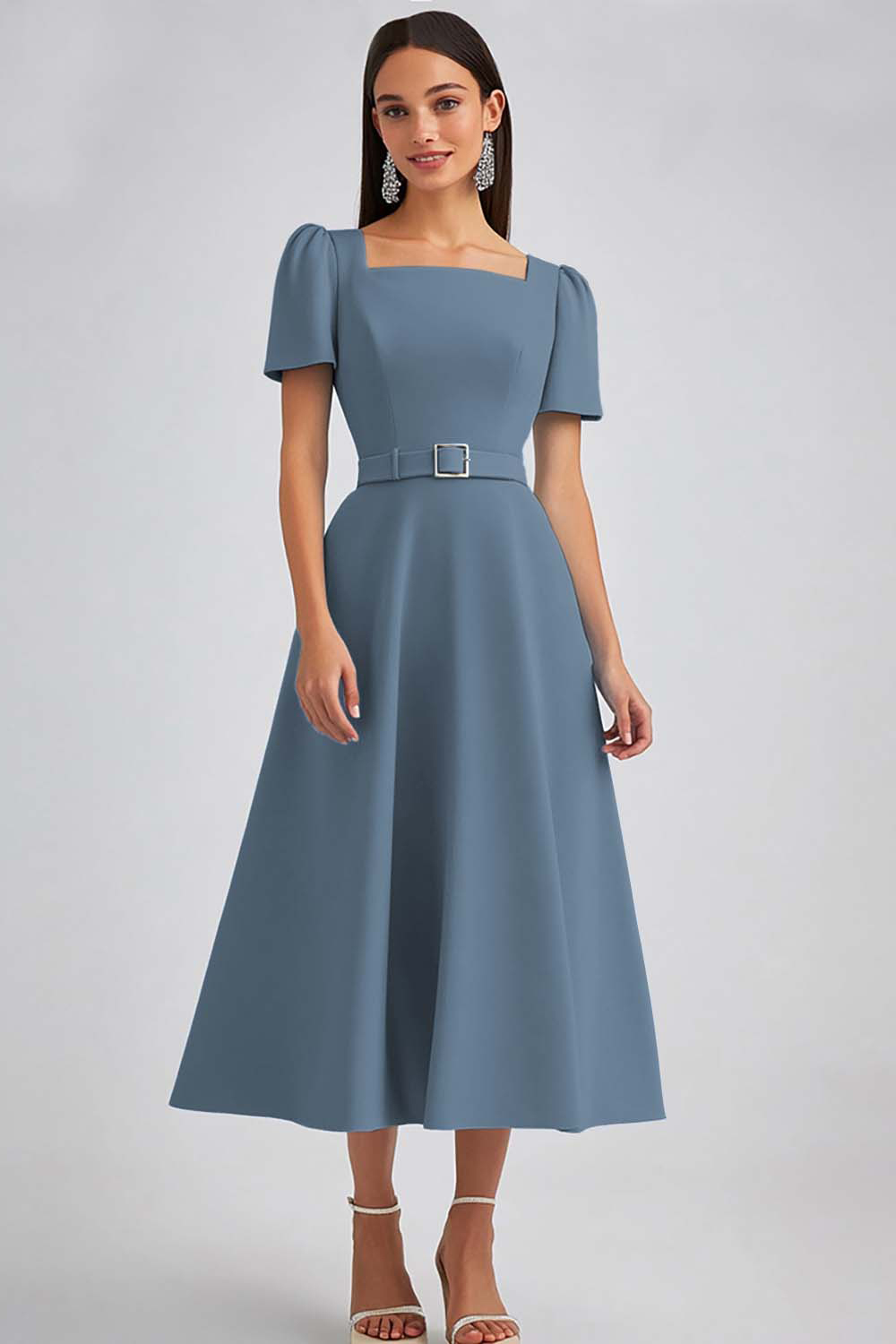 Sky Blue Satin Square Neck A Line Midi Work Dress with Sleeves
