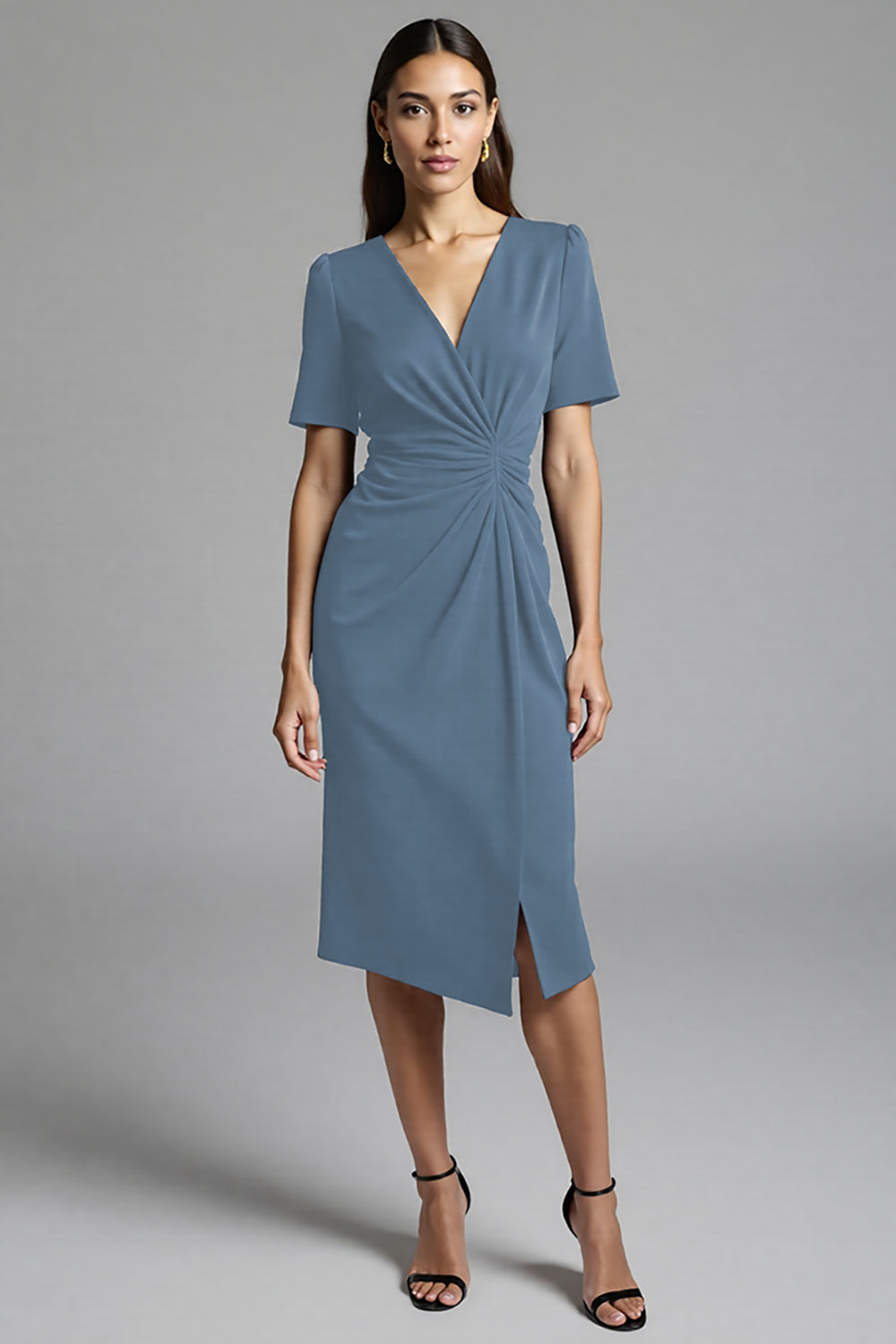 Navy Satin Bodycon Ruched V-Neck Midi Work Dress with Sleeves