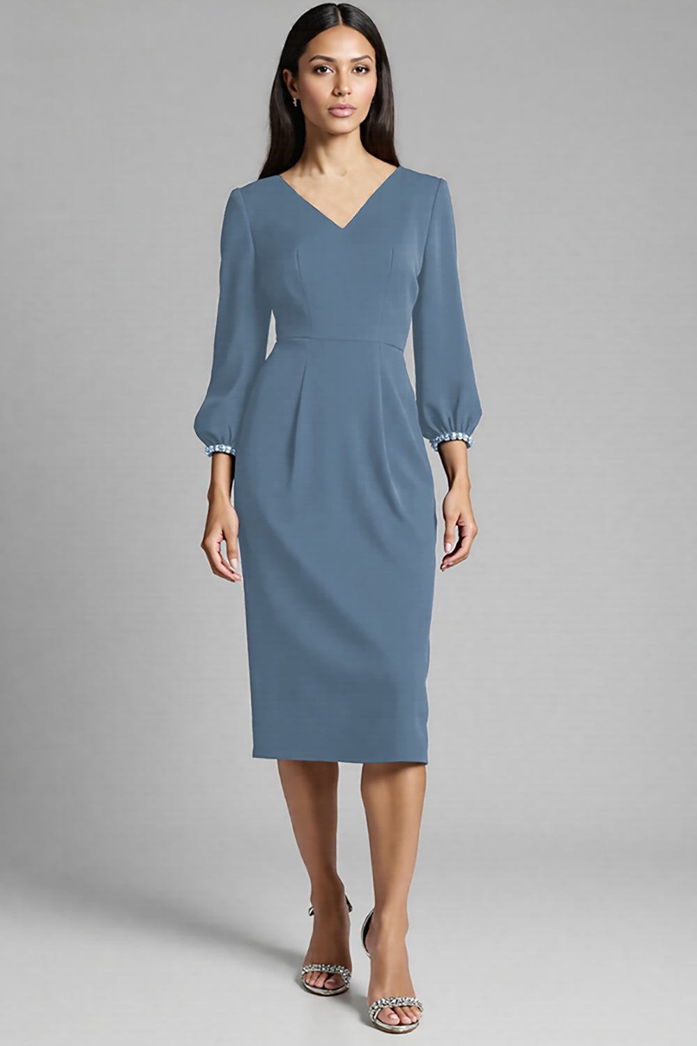Navy Satin V-Neck Bodycon Midi Work Dress with Long Sleeves