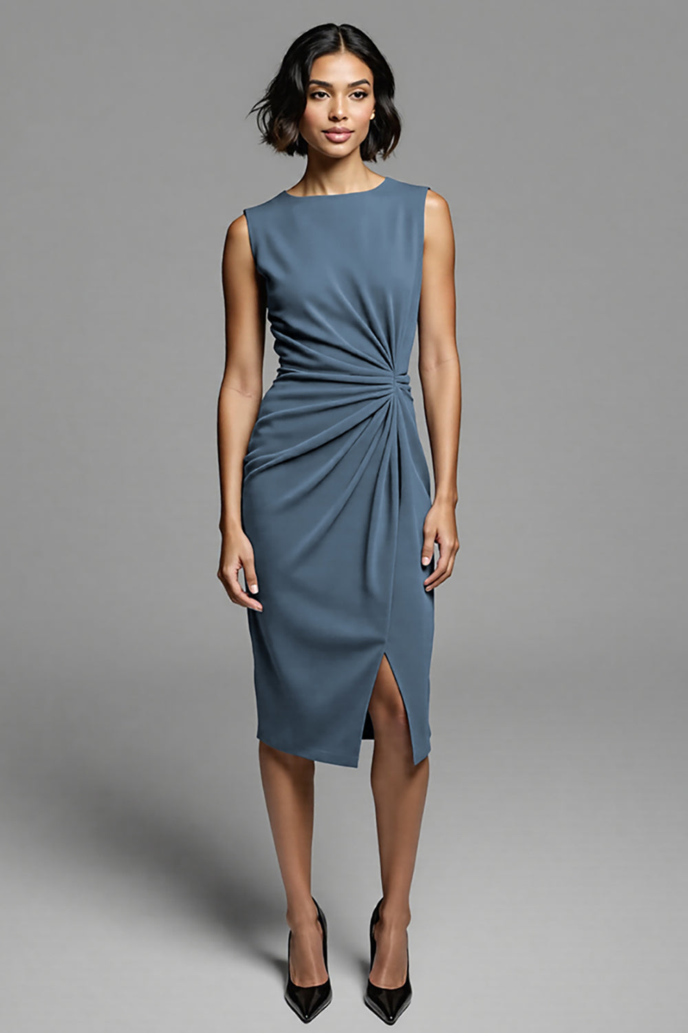 Grey Satin Bodycon Ruched Midi Work Dress with Slit