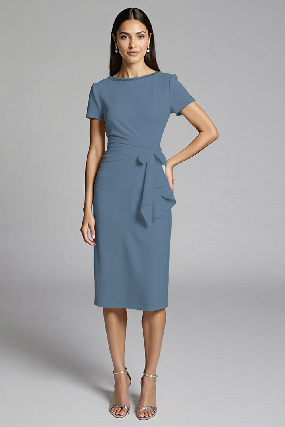 Beige Satin Bodycon Ruffled Midi Work Dress with Sleeves