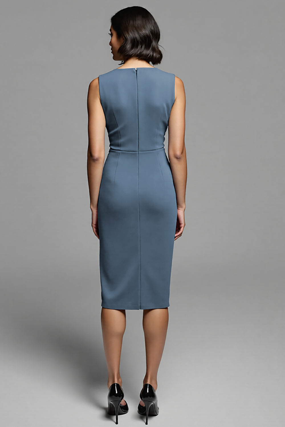 Grey Satin Bodycon Ruched Midi Work Dress with Slit