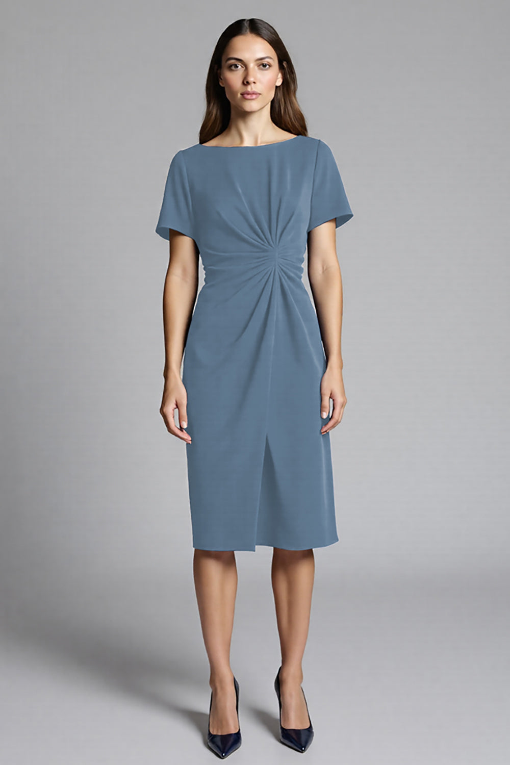 Navy Satin Bodycon Ruched Midi Work Dress with Sleeves