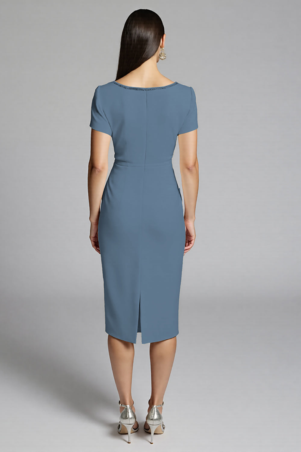 Beige Satin Bodycon Ruffled Midi Work Dress with Sleeves