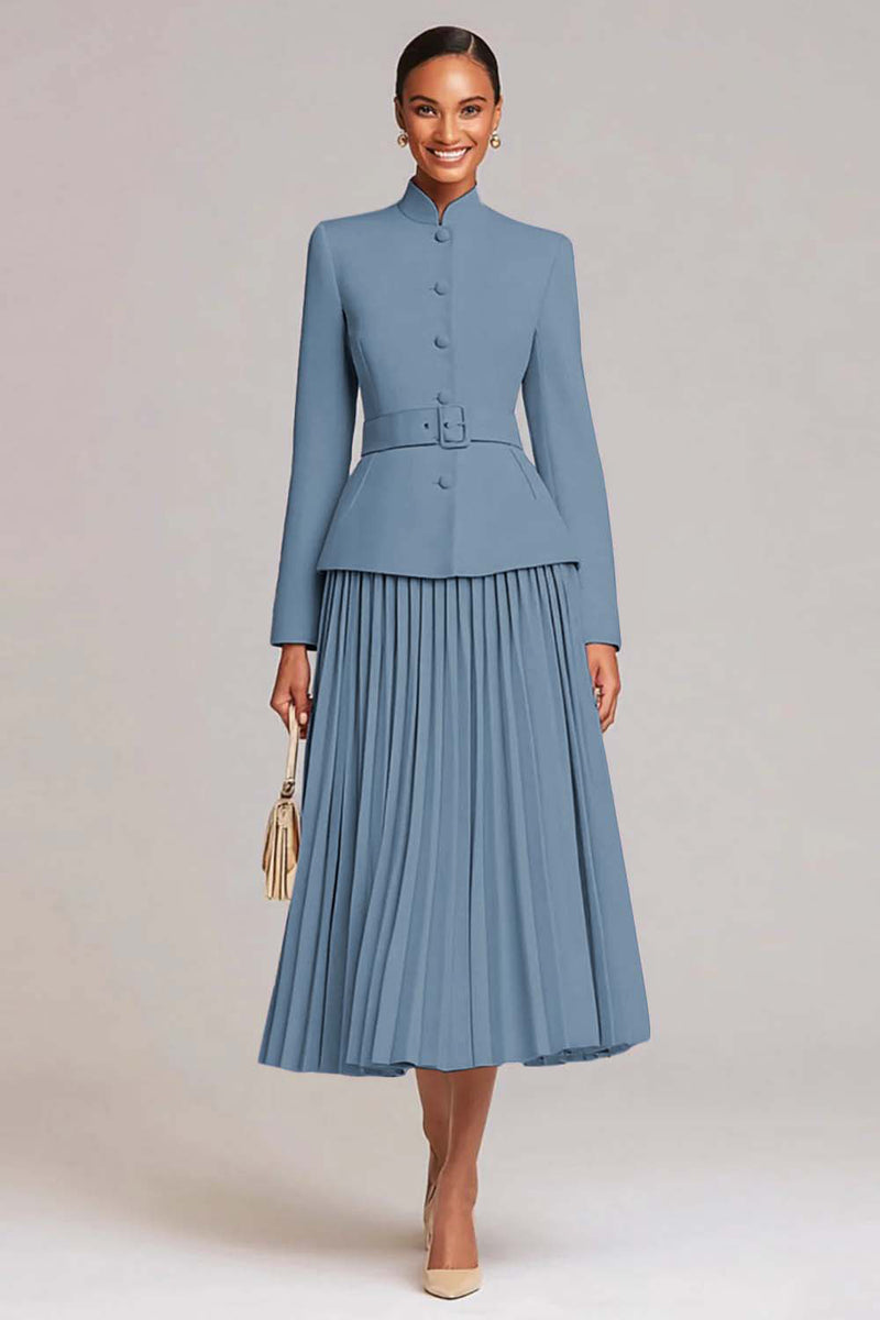 2 Piece Light Pink Pleated High Neck Business Suits with Belt