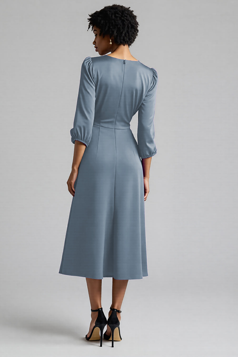 Plum Satin Ruched A Line Midi Work Dress with Sleeves