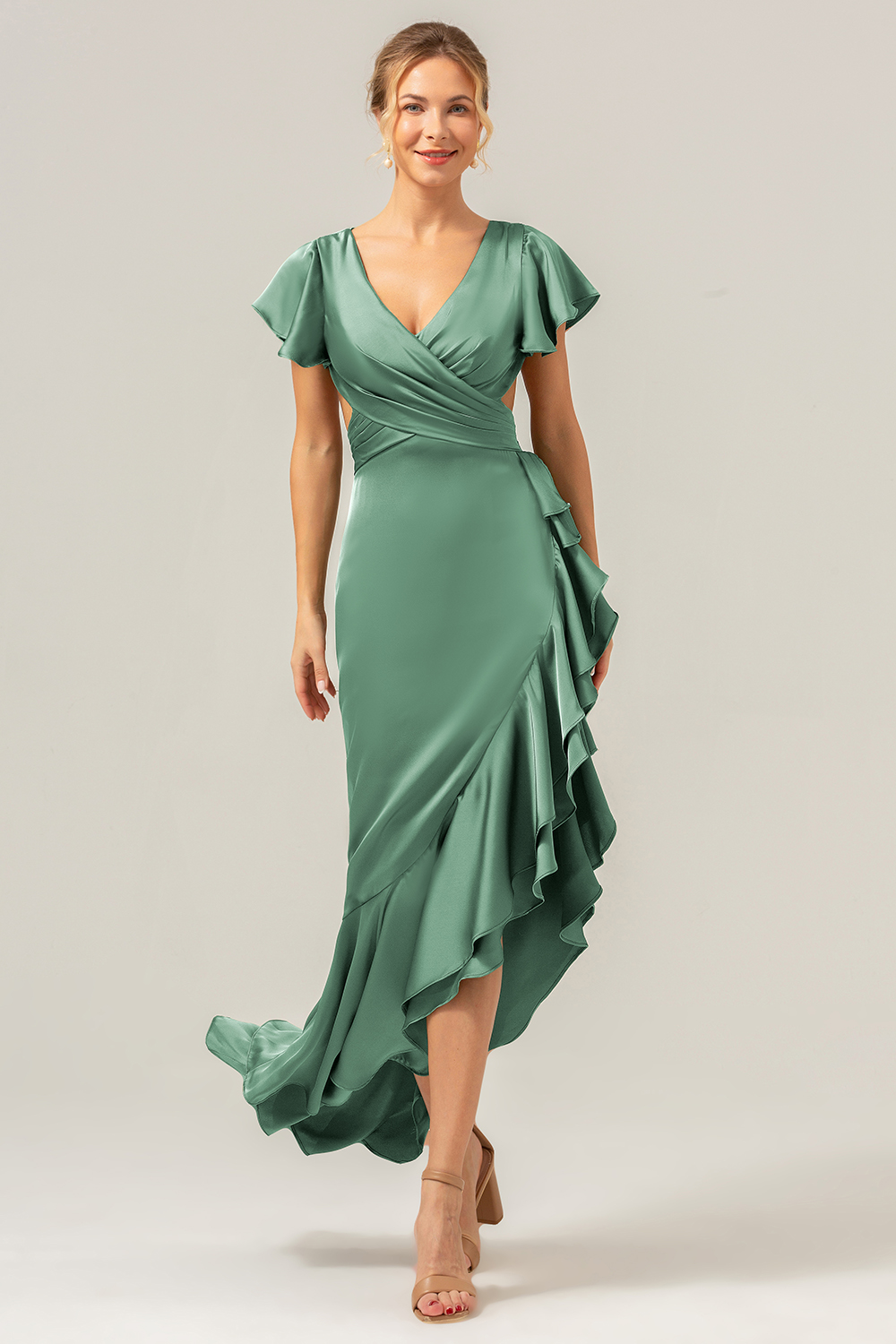 Elegant Asymmetrical Midi Formal Dress with Bow Back